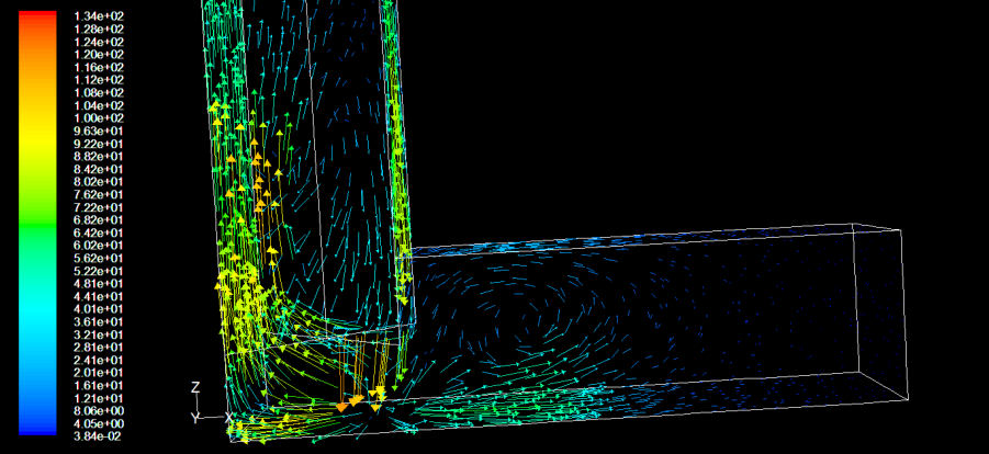 Coupe verticale des vecteurs vitesse dans le conduit et la pièce à badgir, vent à 0°