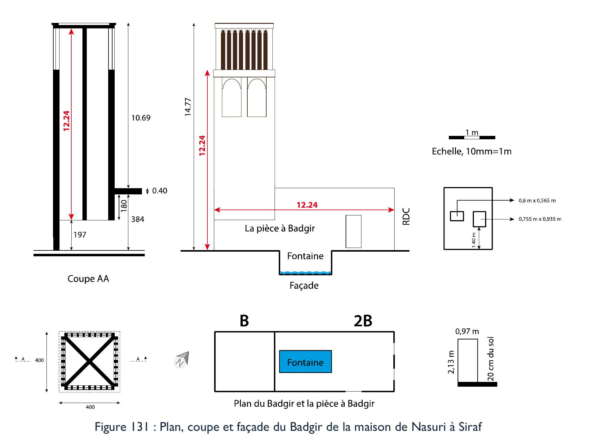 Plan, coupe et façade du badgir de la maison de Nasuri, Siraf