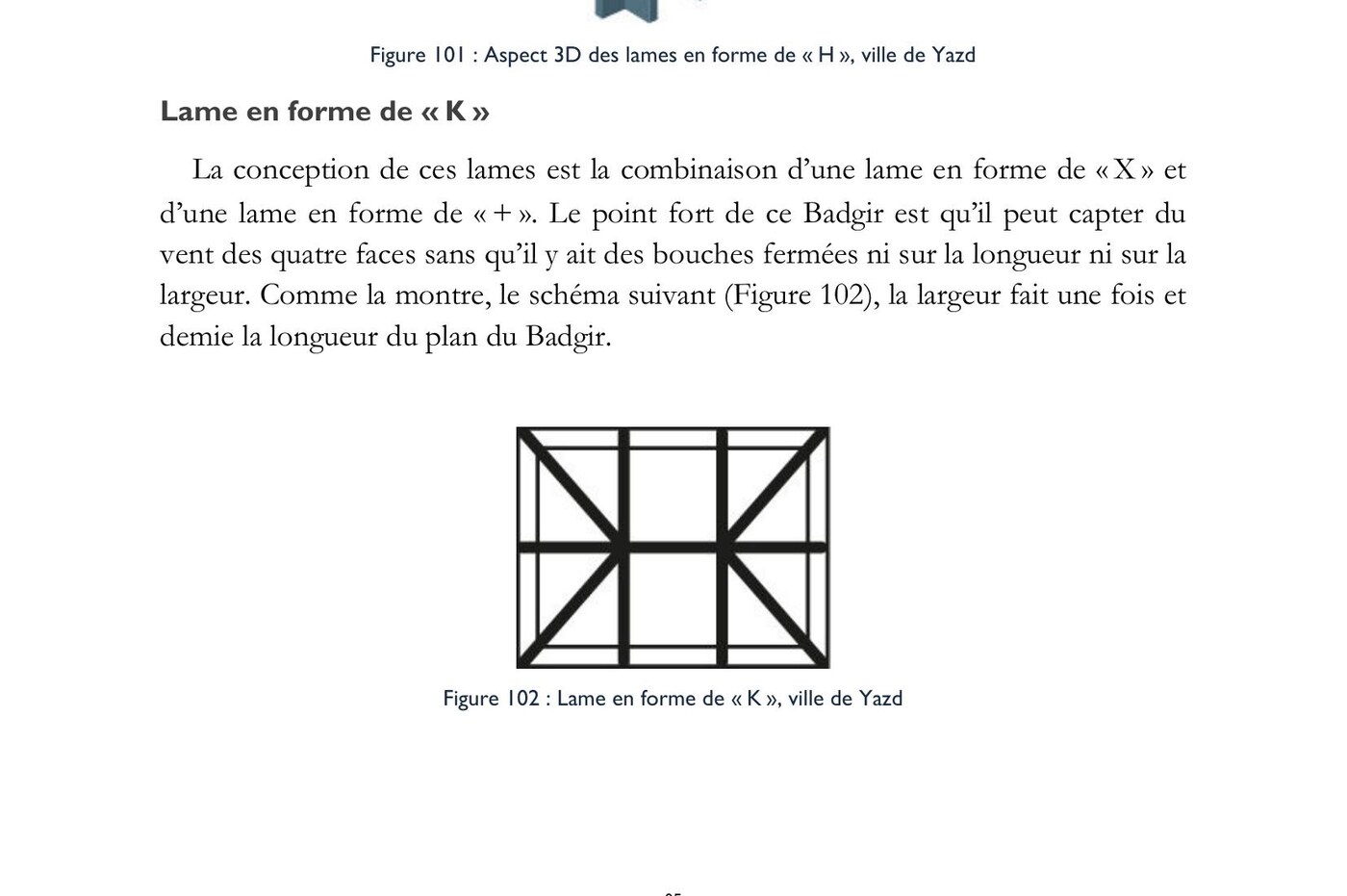 Planche de la thèse : différents types de lames et badgir à une face (Figures 103 à 105)